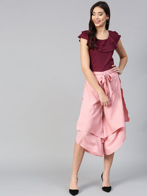 Burgundy Ruffle Sleeveless Top & Layered Trouser Set (Sku-BLMG7820).