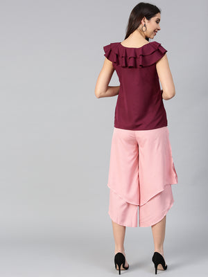 Burgundy Ruffle Sleeveless Top & Layered Trouser Set (Sku-BLMG7820).