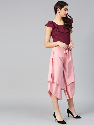 Burgundy Ruffle Sleeveless Top & Layered Trouser Set (Sku-BLMG7820).