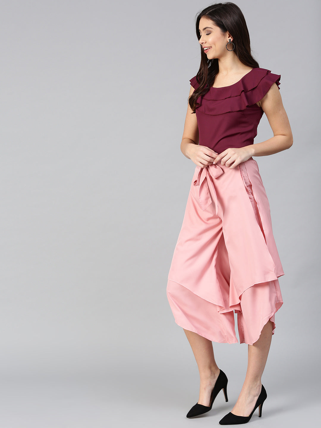 Burgundy Ruffle Sleeveless Top & Layered Trouser Set (Sku-BLMG7820).