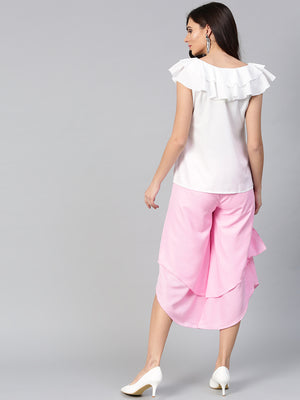 White Ruffle Sleeveless Top & Pink Layered Trouser Set (Sku-BLMG7821).