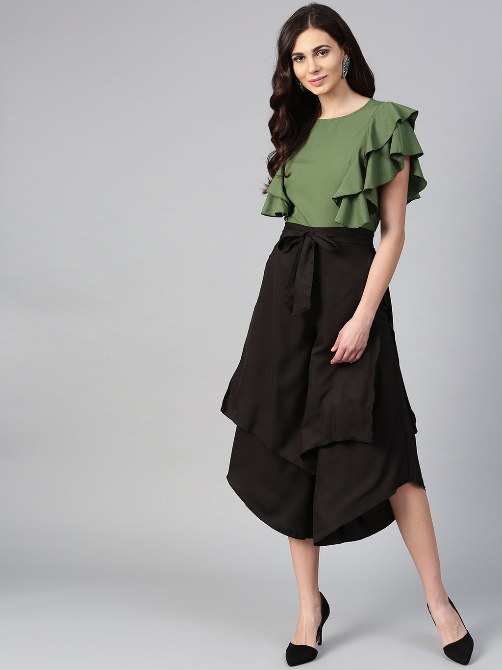Olive Princess Ruffle Sleeveless Top & Black Layered Trouser Set (Sku-BLMG7822).