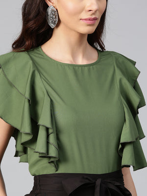 Olive Princess Ruffle Sleeveless Top & Black Layered Trouser Set (Sku-BLMG7822).