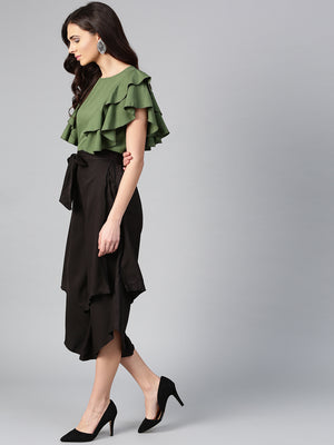 Olive Princess Ruffle Sleeveless Top & Black Layered Trouser Set (Sku-BLMG7822).