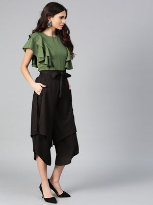 Olive Princess Ruffle Sleeveless Top & Black Layered Trouser Set (Sku-BLMG7822).