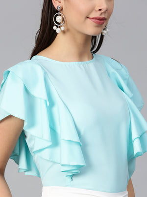 Blue Princess Ruffle Crepe Sleeveless Top & Layered Trouser Set (SKU-BLMG7823).