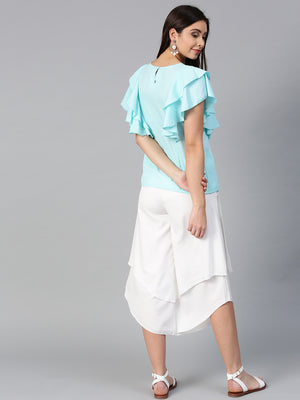 Blue Princess Ruffle Crepe Sleeveless Top & Layered Trouser Set (SKU-BLMG7823).