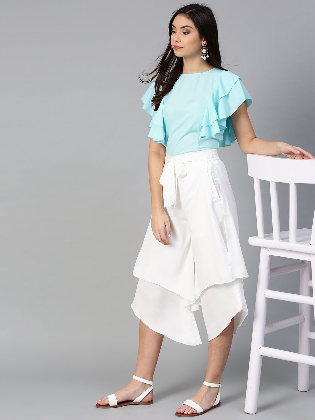 Blue Princess Ruffle Crepe Sleeveless Top & Layered Trouser Set (SKU-BLMG7823).