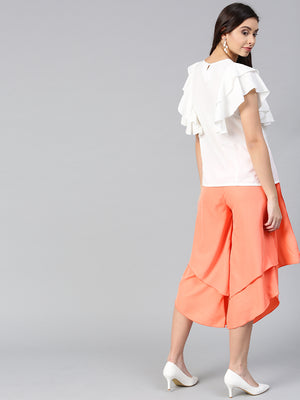 Off White Princess Ruffle Sleeveless Top & Peach Layered Trouser Set (SKU-BLMG7824).