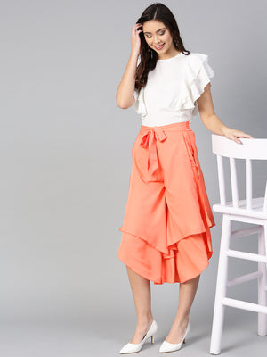 Off White Princess Ruffle Sleeveless Top & Peach Layered Trouser Set (SKU-BLMG7824).