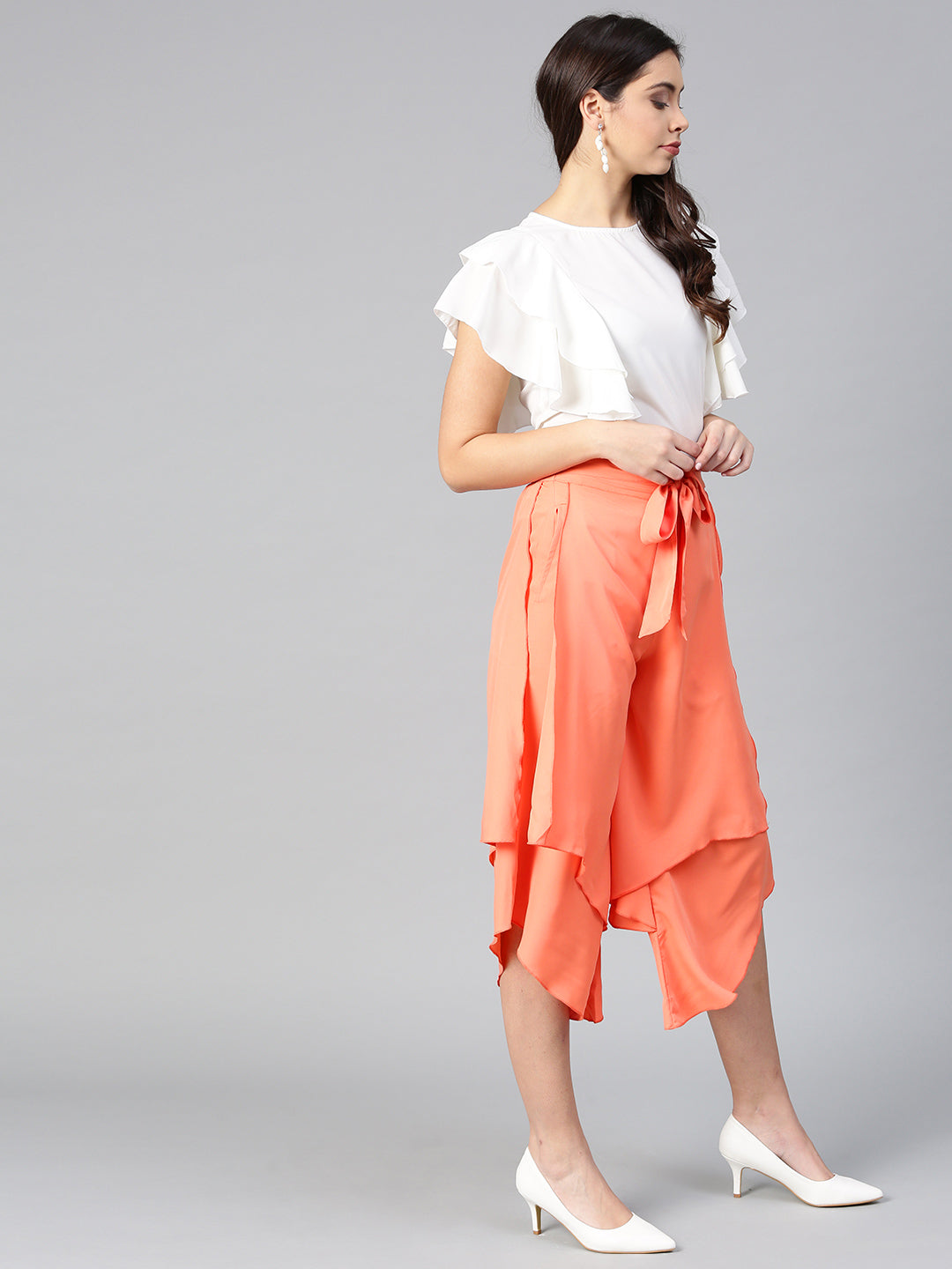 Off White Princess Ruffle Sleeveless Top & Peach Layered Trouser Set (SKU-BLMG7824).