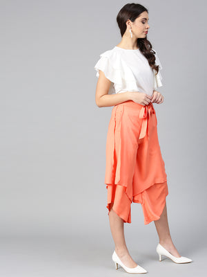 Off White Princess Ruffle Sleeveless Top & Peach Layered Trouser Set (SKU-BLMG7824).