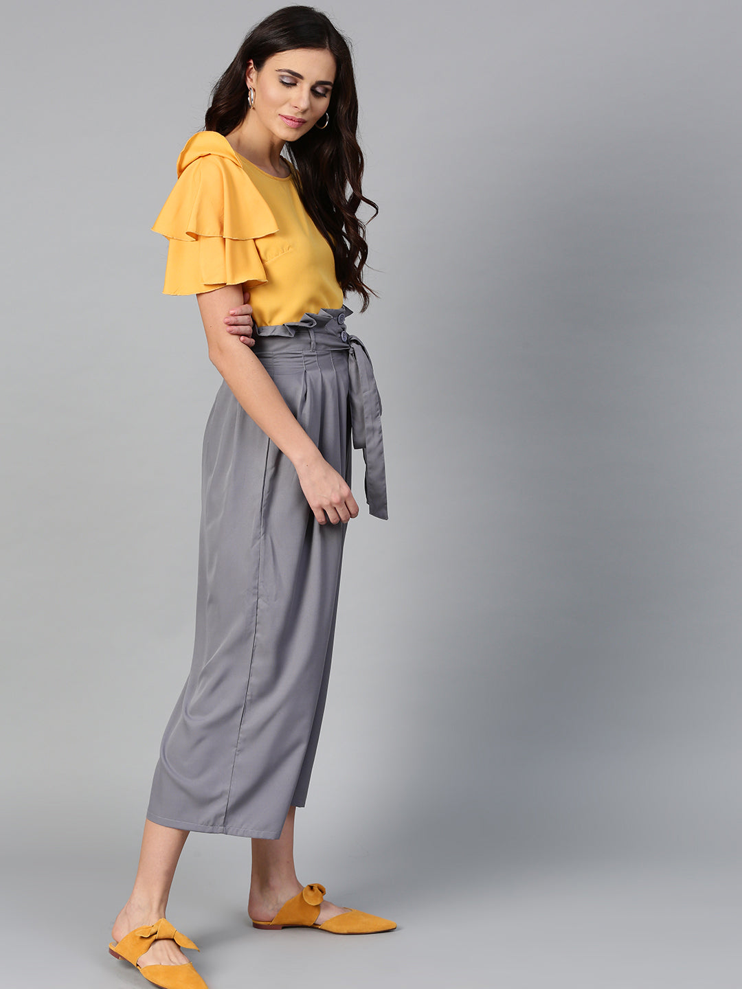 Mustard Layered Top & Grey Trouser Set (Sku-BLMG7825).