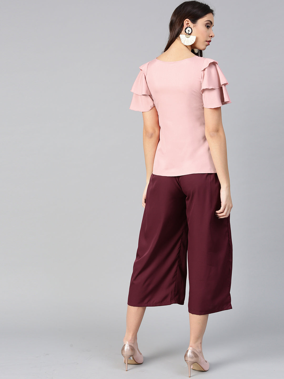 Peach Layered Top & Burgundy Trouser Set (Sku- BLMG7827).