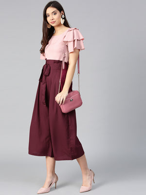 Peach Layered Top & Burgundy Trouser Set (Sku- BLMG7827).