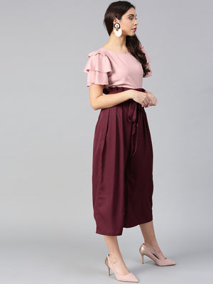 Peach Layered Top & Burgundy Trouser Set (Sku- BLMG7827).