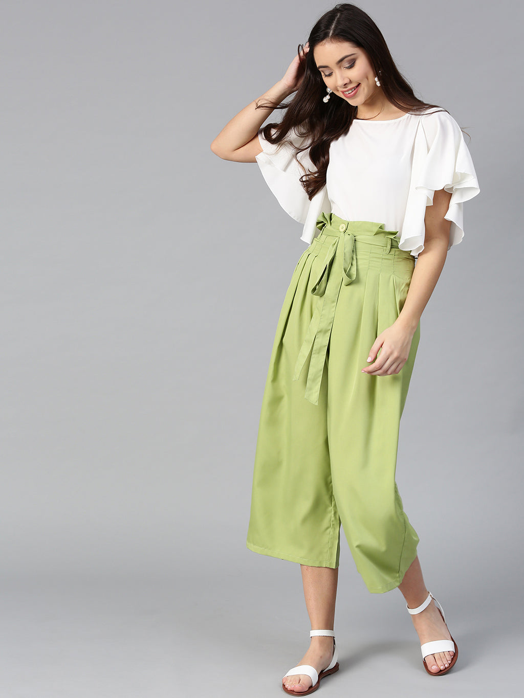 Off White Flared Ruffle Top &  Green Trouser Set (Sku-BLMG7828).