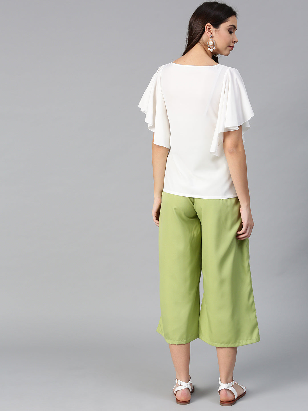 Off White Flared Ruffle Top &  Green Trouser Set (Sku-BLMG7828).