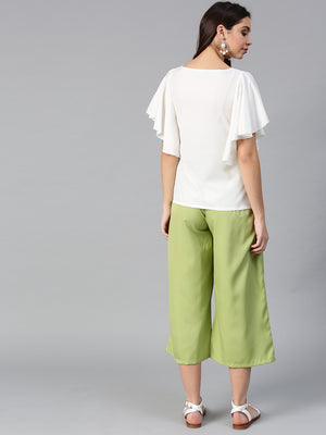Off White Flared Ruffle Top &  Green Trouser Set (Sku-BLMG7828).