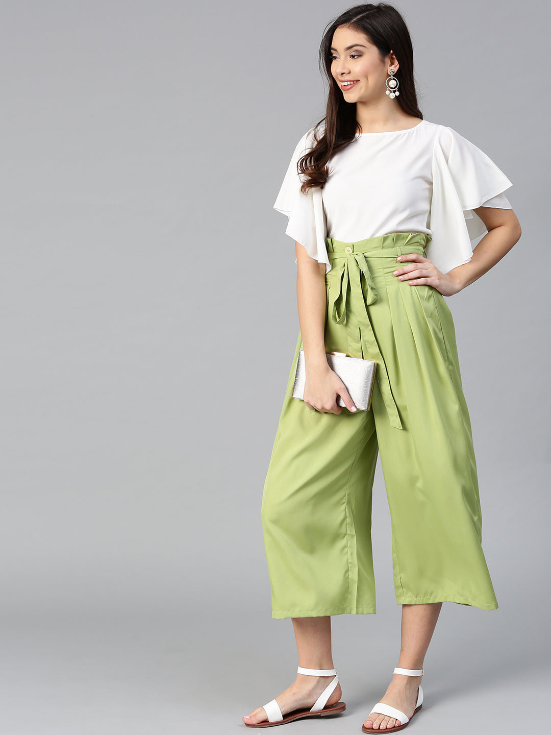 Off White Flared Ruffle Top &  Green Trouser Set (Sku-BLMG7828).
