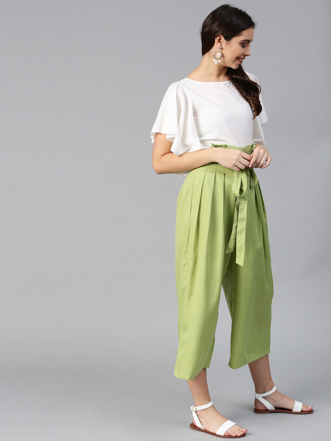 Off White Flared Ruffle Top &  Green Trouser Set (Sku-BLMG7828).