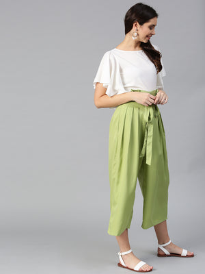 Off White Flared Ruffle Top &  Green Trouser Set (Sku-BLMG7828).