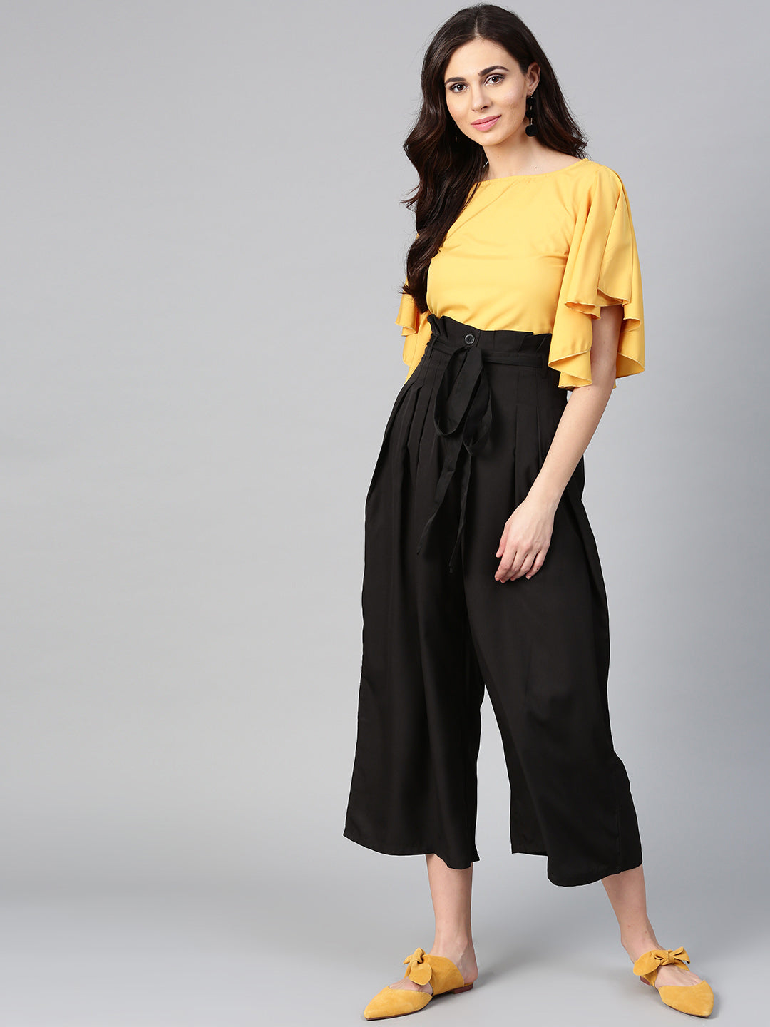 Mustard Flared Ruffle Top & Trouser Set (Sku- BLMG7831) - BITTERLIME