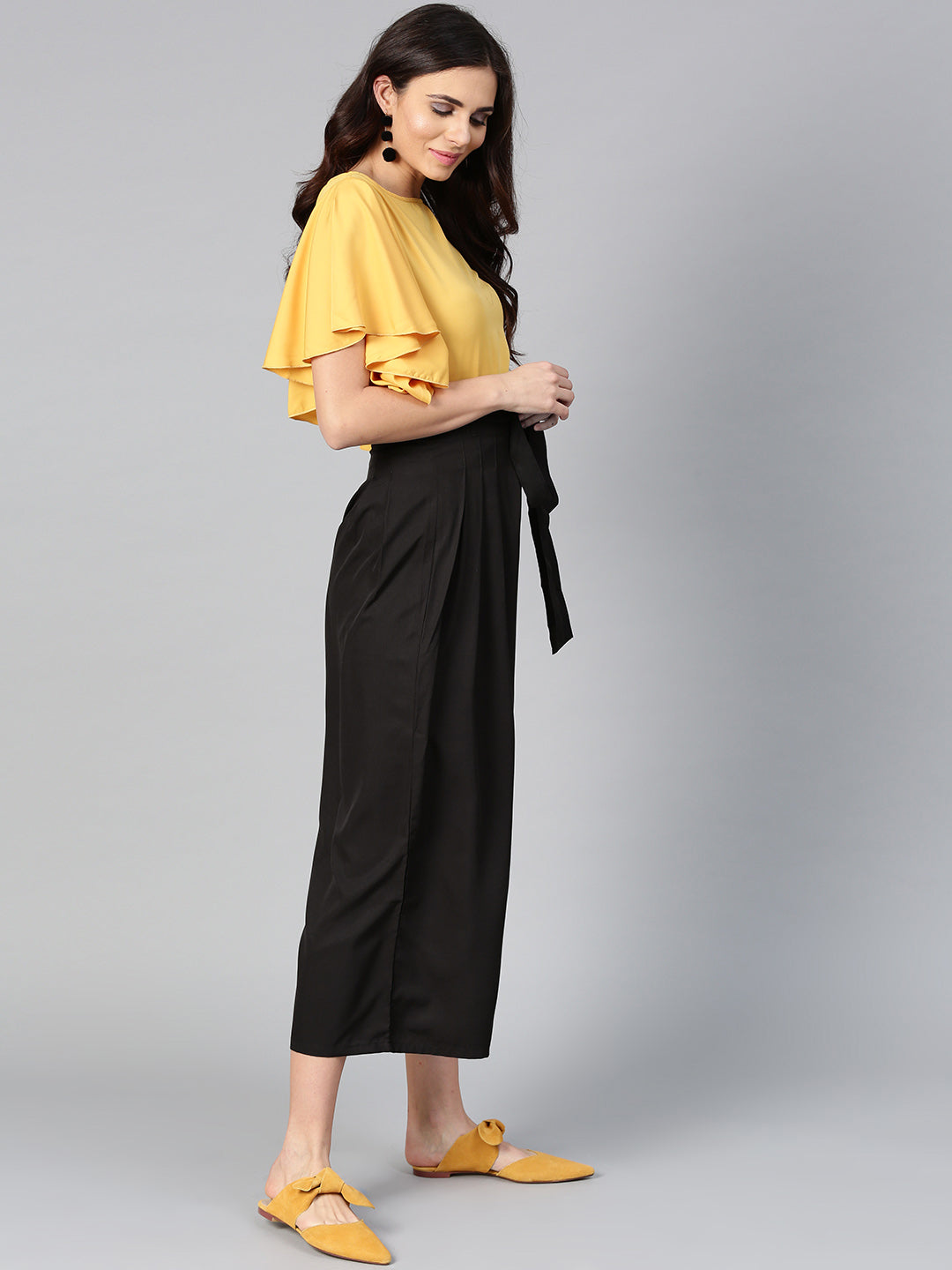 Mustard Flared Ruffle Top & Trouser Set (Sku- BLMG7831).