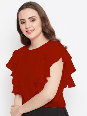 Casual Layered Solid Women Red Top