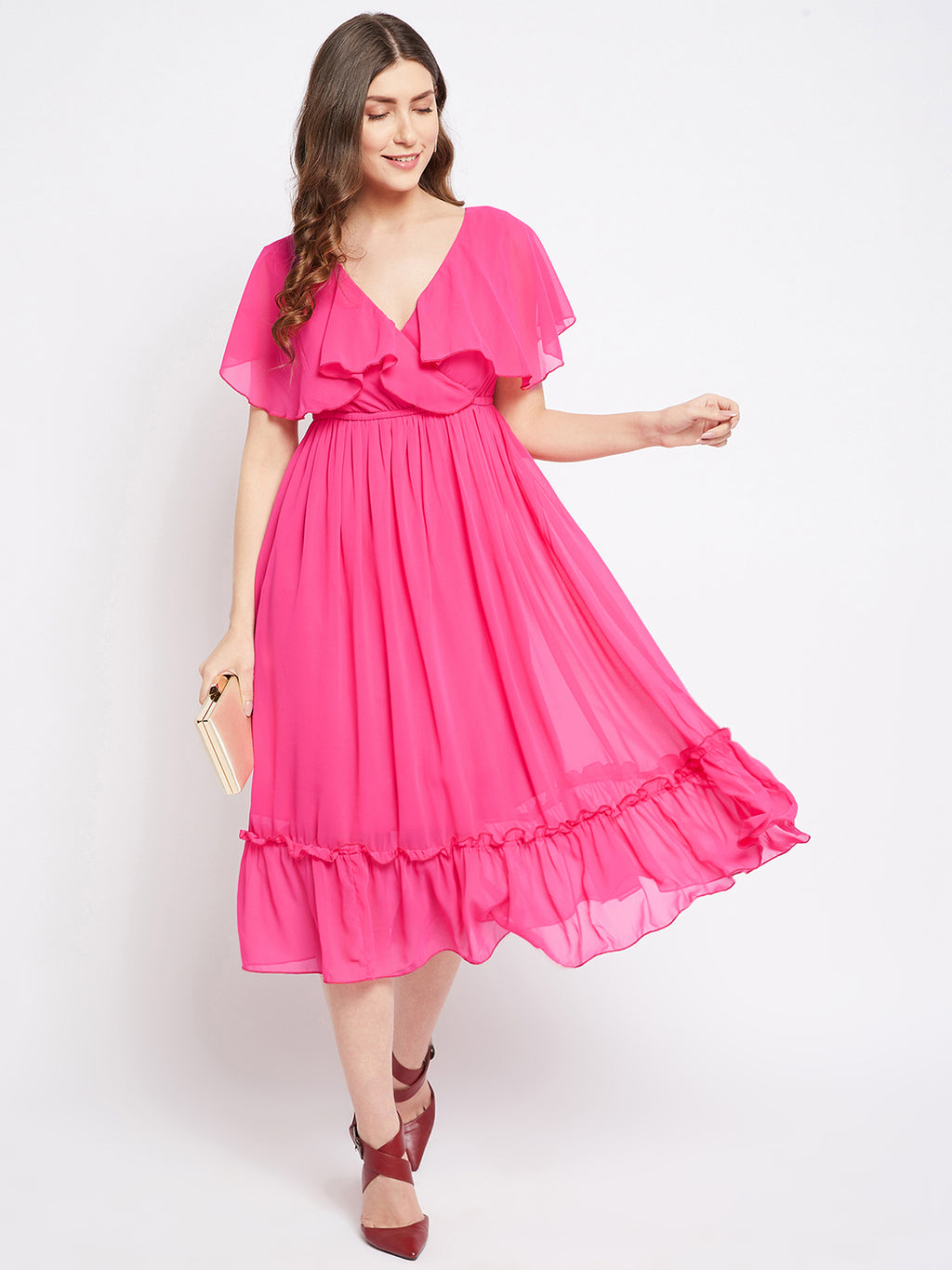 Fuchsia Georgette Fit & Flare Midi Dress