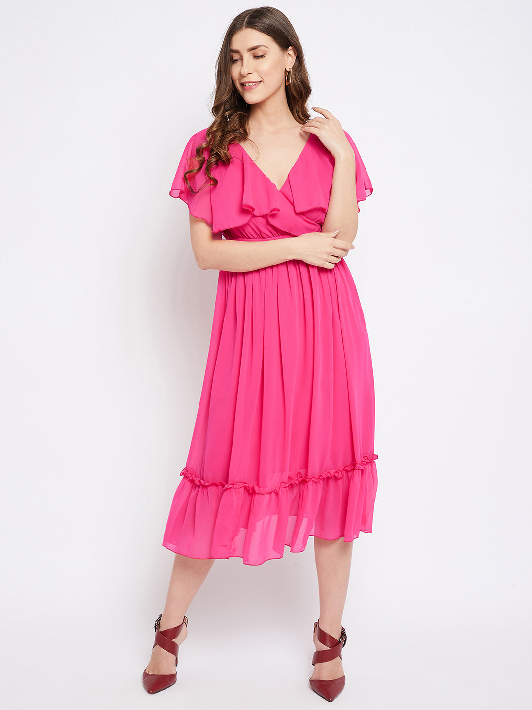 Fuchsia Georgette Fit & Flare Midi Dress