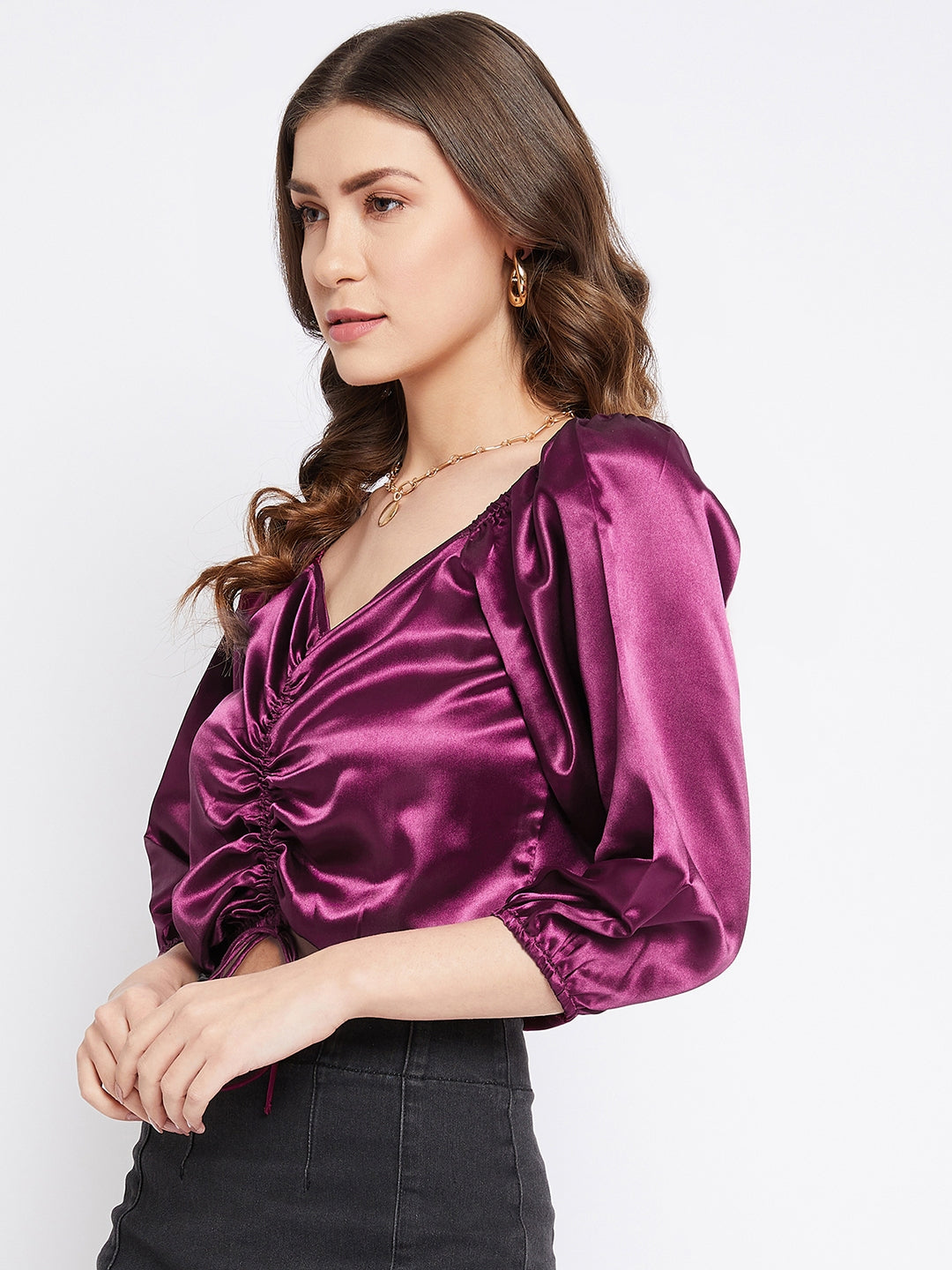 Purple Colour Solid Sateen Drawstring Ruchied Top