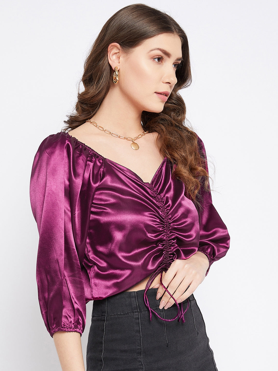 Purple Colour Solid Sateen Drawstring Ruchied Top