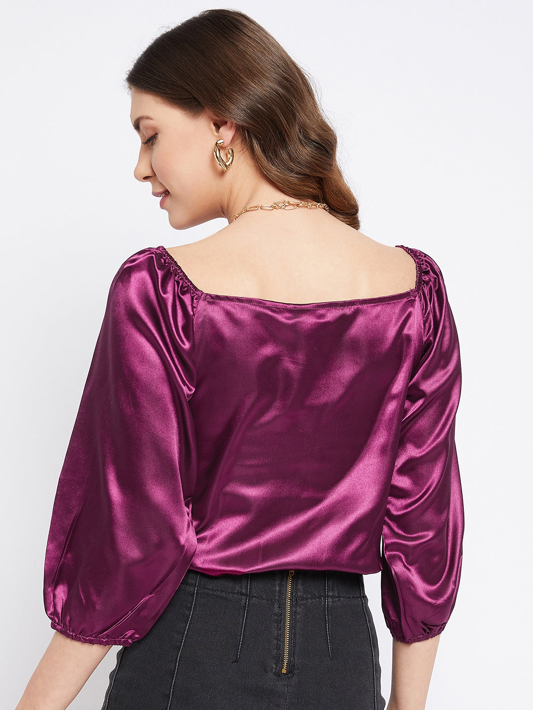 Purple Colour Solid Sateen Drawstring Ruchied Top