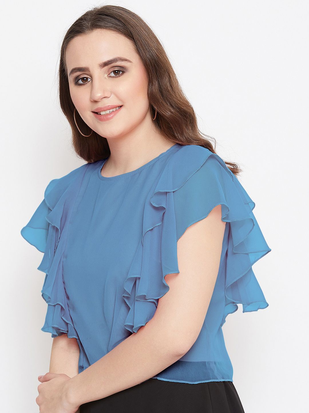 Casual Layered Solid Women Blue Top