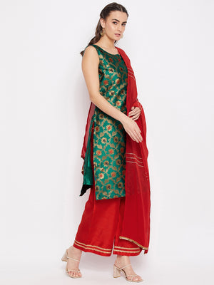 Silk Blend Woven Kurta Palazzo's and Dupatta Set