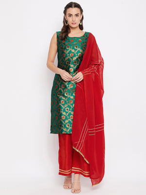 Silk Blend Woven Kurta Palazzo's and Dupatta Set