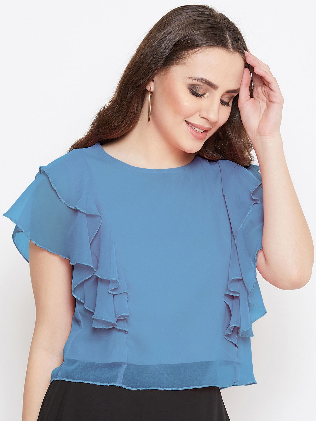 Casual Layered Solid Women Blue Top