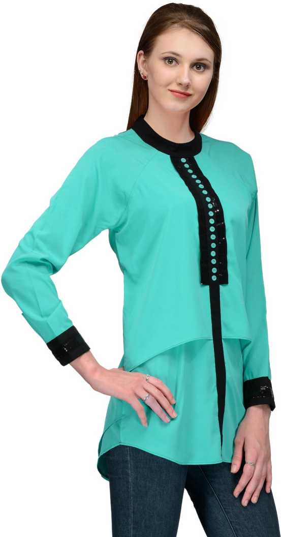 Casual Regular Sleeves Embellished Women Blue Top.