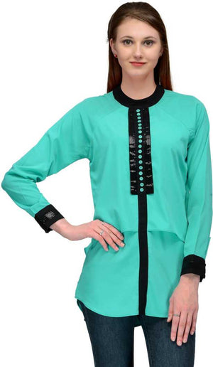 Casual Regular Sleeves Embellished Women Blue Top.