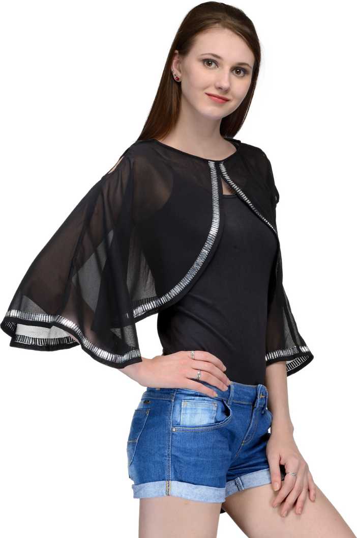 Casual Cape Sleeves Embellished Women Black Top.