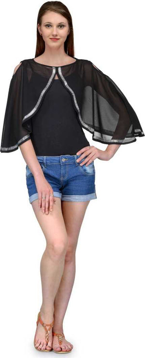 Casual Cape Sleeves Embellished Women Black Top.