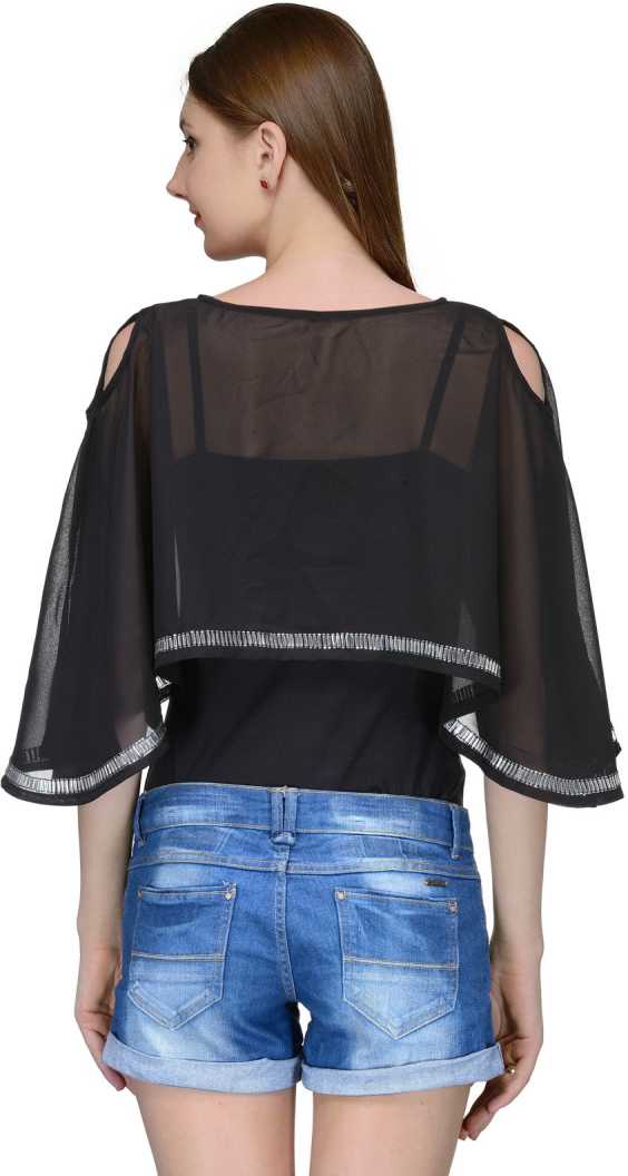 Casual Cape Sleeves Embellished Women Black Top.