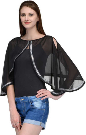 Casual Cape Sleeves Embellished Women Black Top.