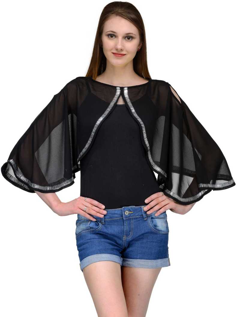 Casual Cape Sleeves Embellished Women Black Top.