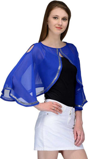 Casual Cape Sleeves Embellished Women Blue Top.