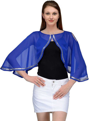 Casual Cape Sleeves Embellished Women Blue Top.
