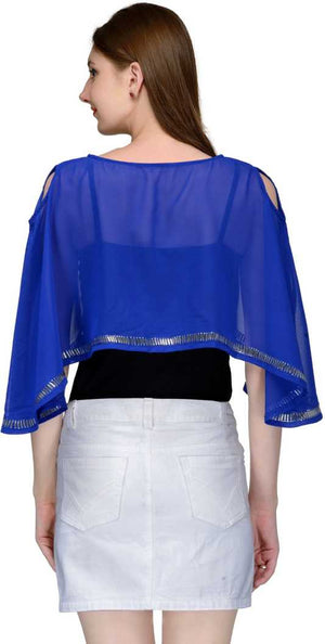 Casual Cape Sleeves Embellished Women Blue Top.