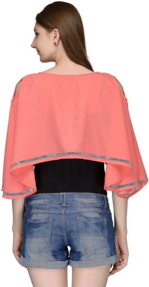 Casual Cape Sleeves Embellished Women Pink Top.