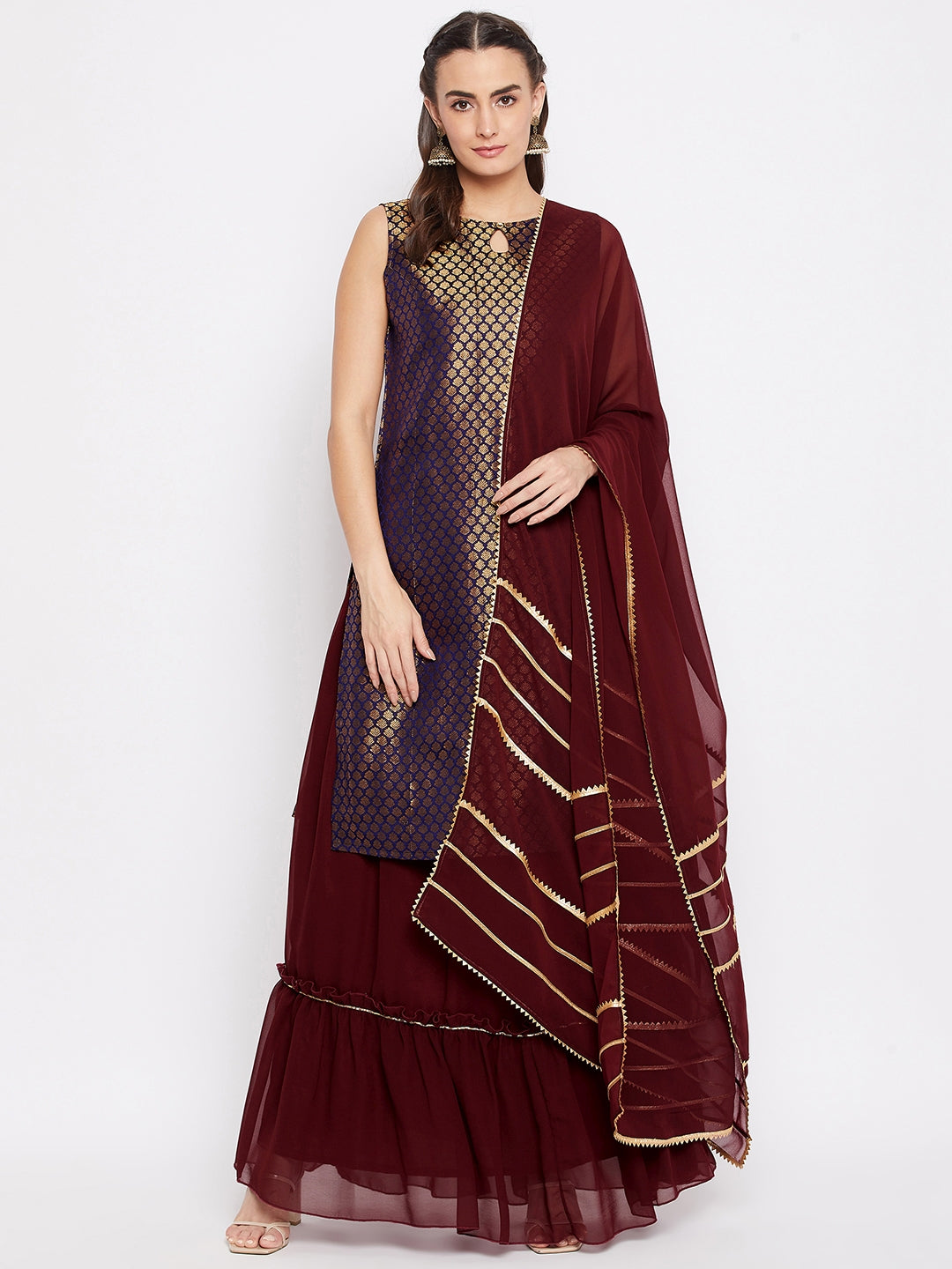 Silk Blend Woven Kurta Skirt and Dupatta Set